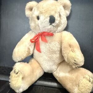 Vintage Wang's International Jointed Tan Teddy Bear Stuffed Plush Red Bow 10"